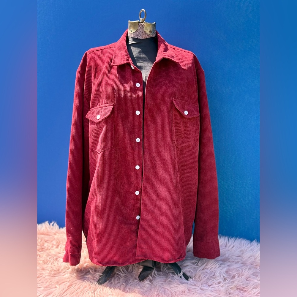 Vintage-Style Oversized Red Corduroy Button-Up Shacket Size L